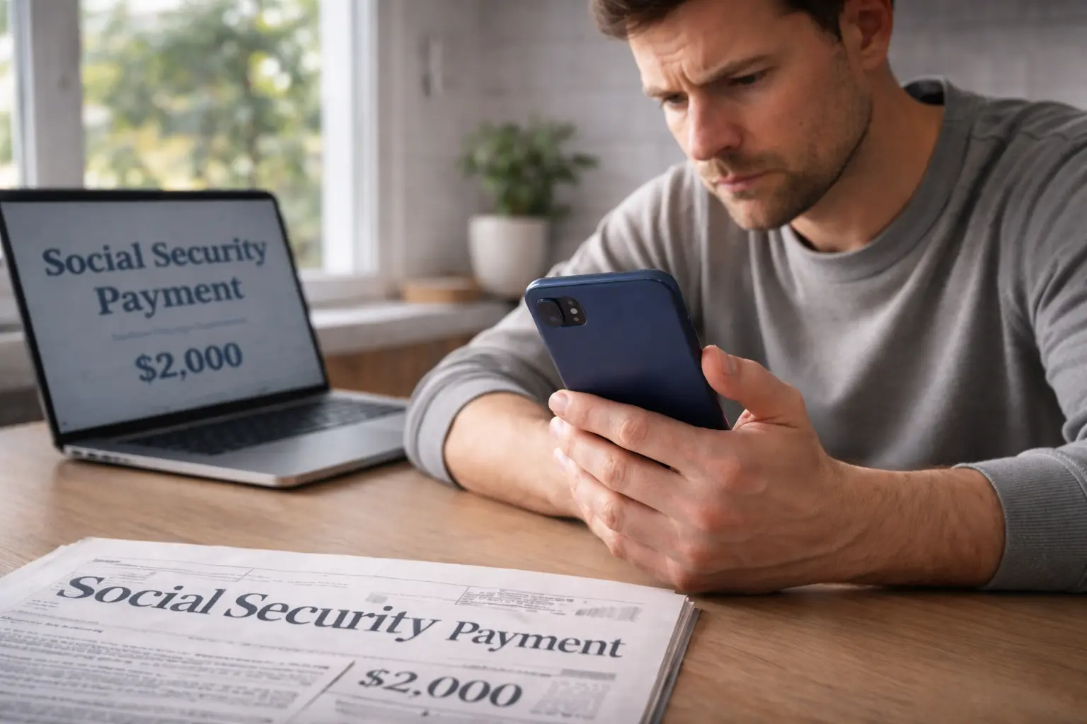 Man checking phone as Social Security payments updating for some accounts while others still waiting