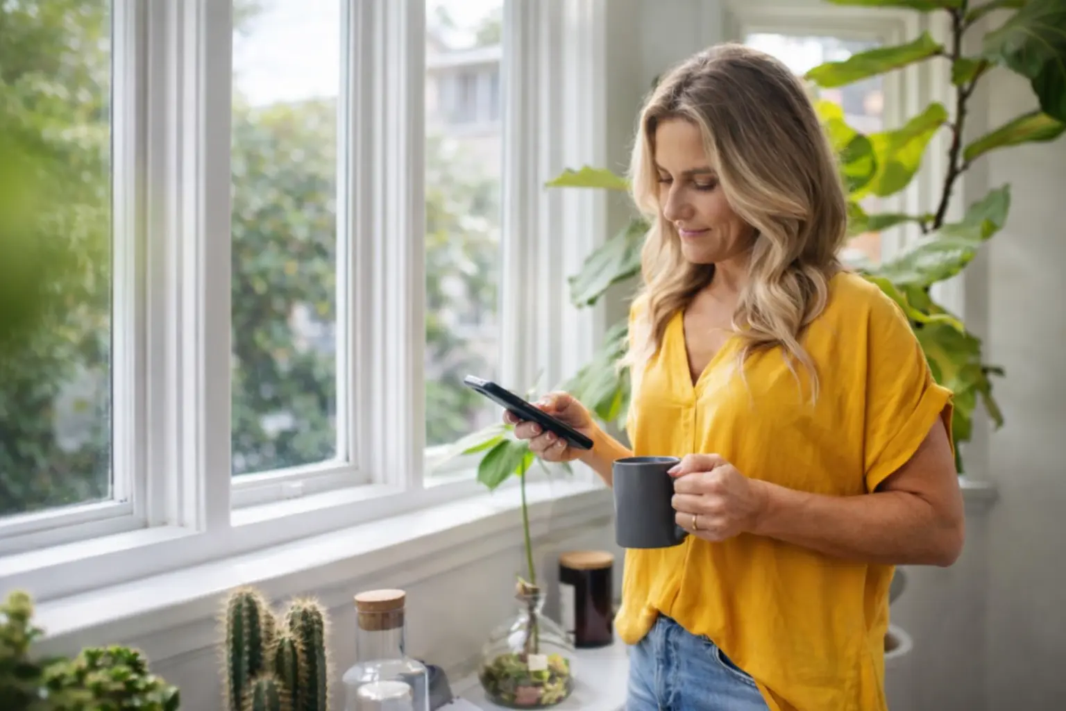 Woman checking bank app showing Social Security pending deposit March 1 in natural morning light