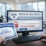 Computer screen showing Social Security account access page during SSA login alert as users attempt to sign in