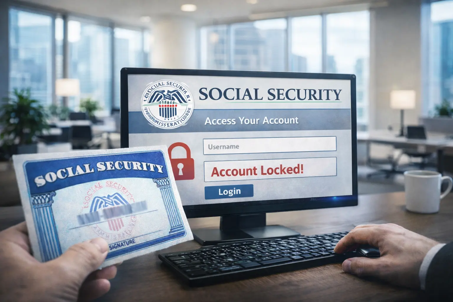 Computer screen showing Social Security account access page during SSA login alert as users attempt to sign in