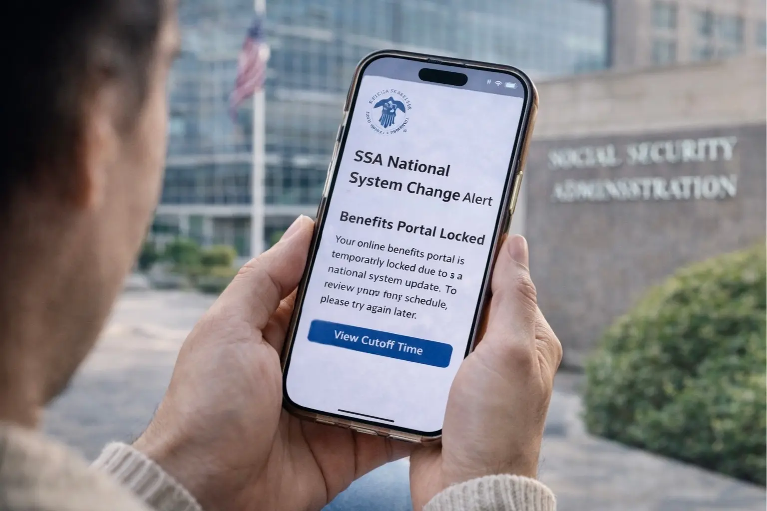 Person checking smartphone showing SSA national system change alert in front of Social Security Administration building