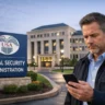 Man checking phone outside Social Security Administration building as SSA national system processing shows benefits pending this morning