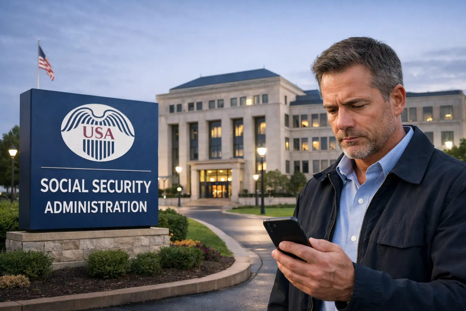 Man checking phone outside Social Security Administration building as SSA national system processing shows benefits pending this morning