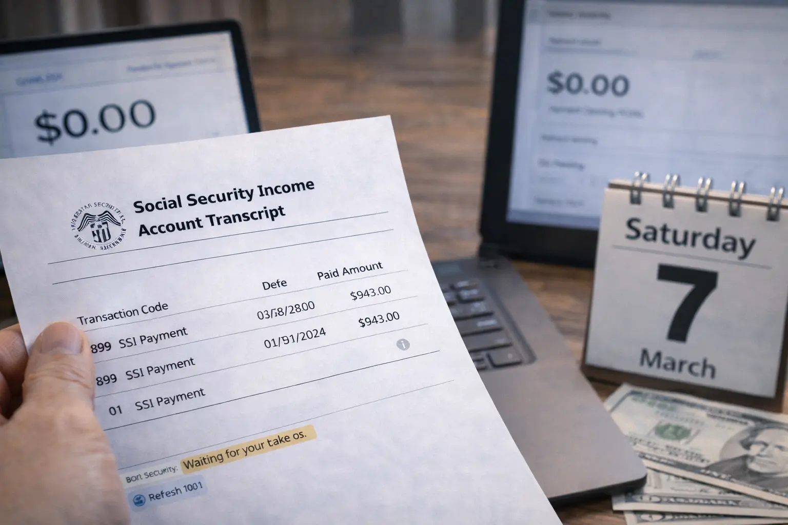 Person reviewing Social Security Income transcript while checking SSI check payment history on March 7
