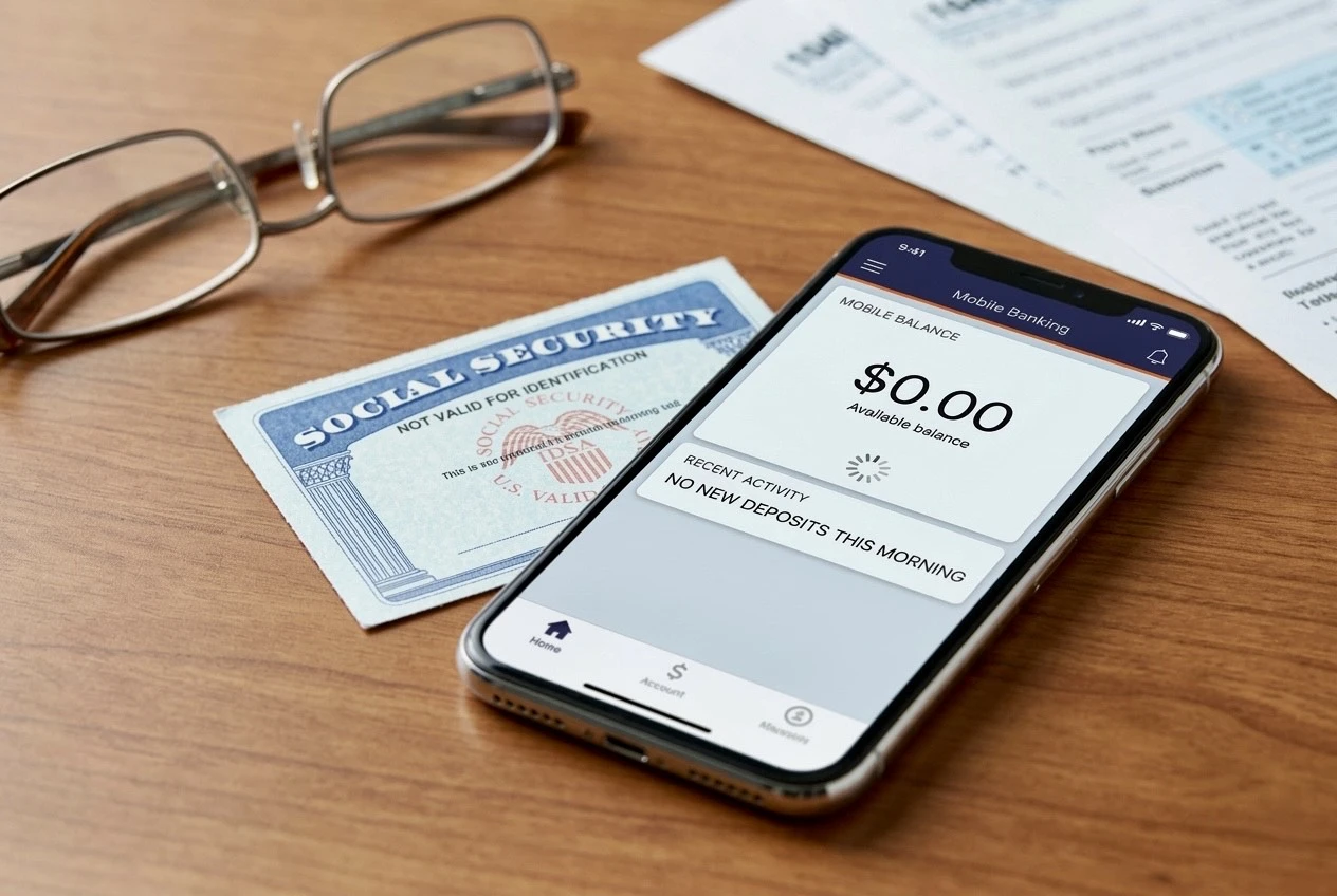A smartphone showing a zero dollar balance next to an American Social Security card, representing the missing SSI payment today due to the February 27 early-pay rule.