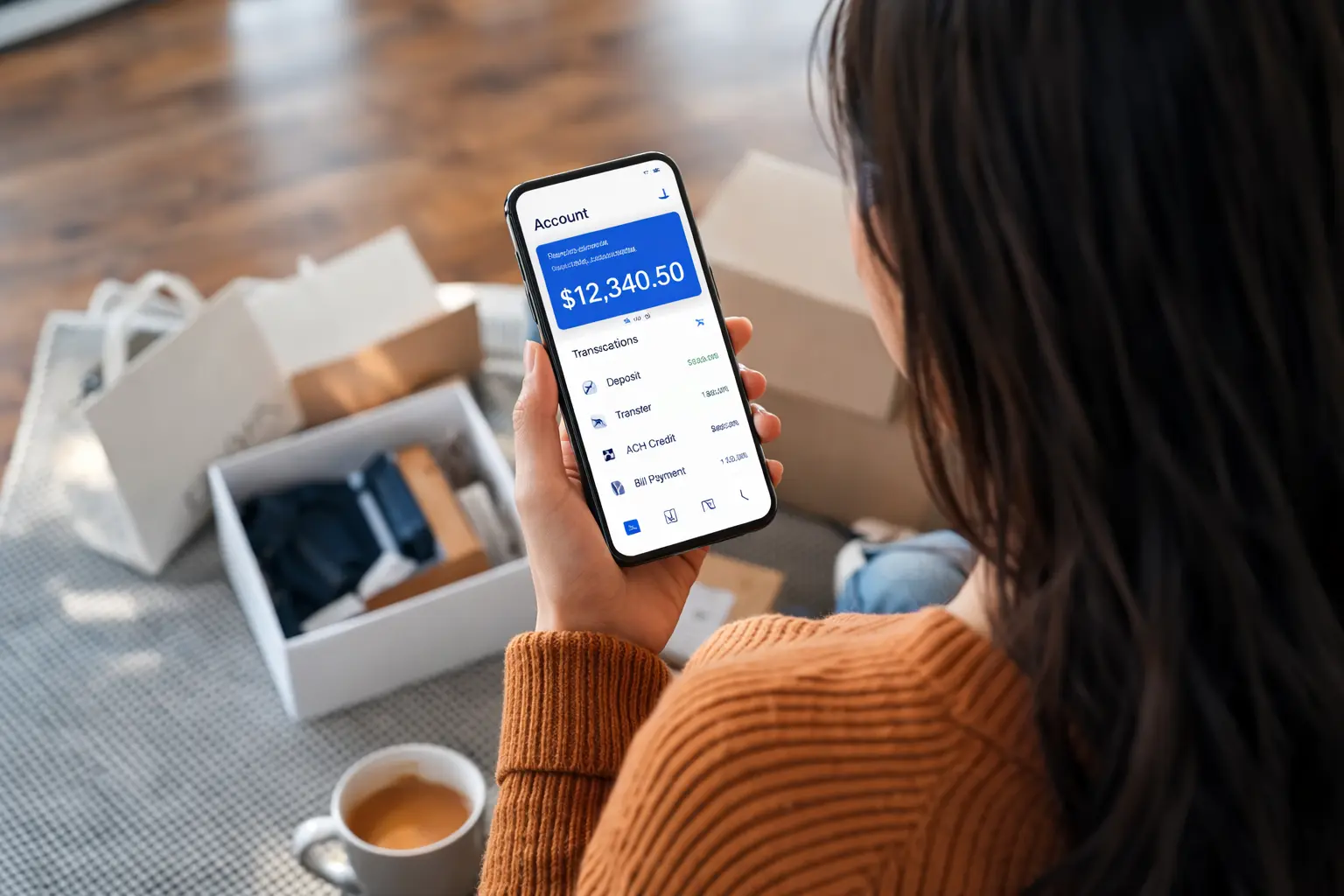 Person checking bank account on smartphone while waiting for Treasury payments sent overnight to appear in bank balance