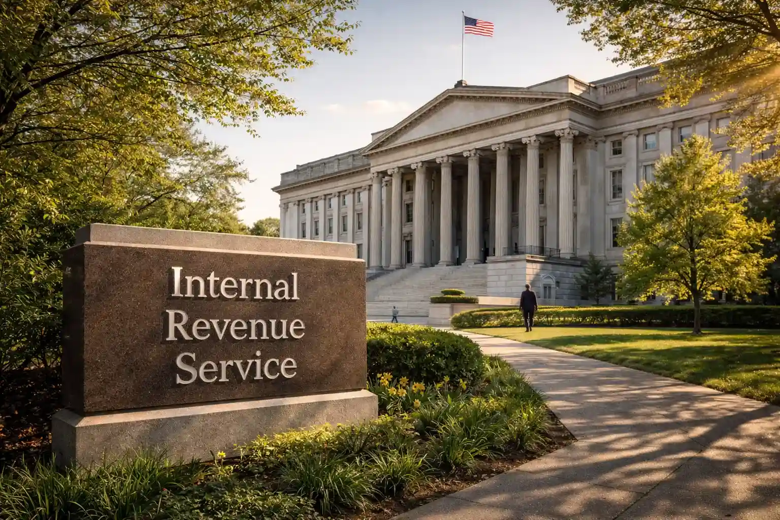 U.S. federal payment timeline illustrated by Treasury building and IRS sign in Washington DC