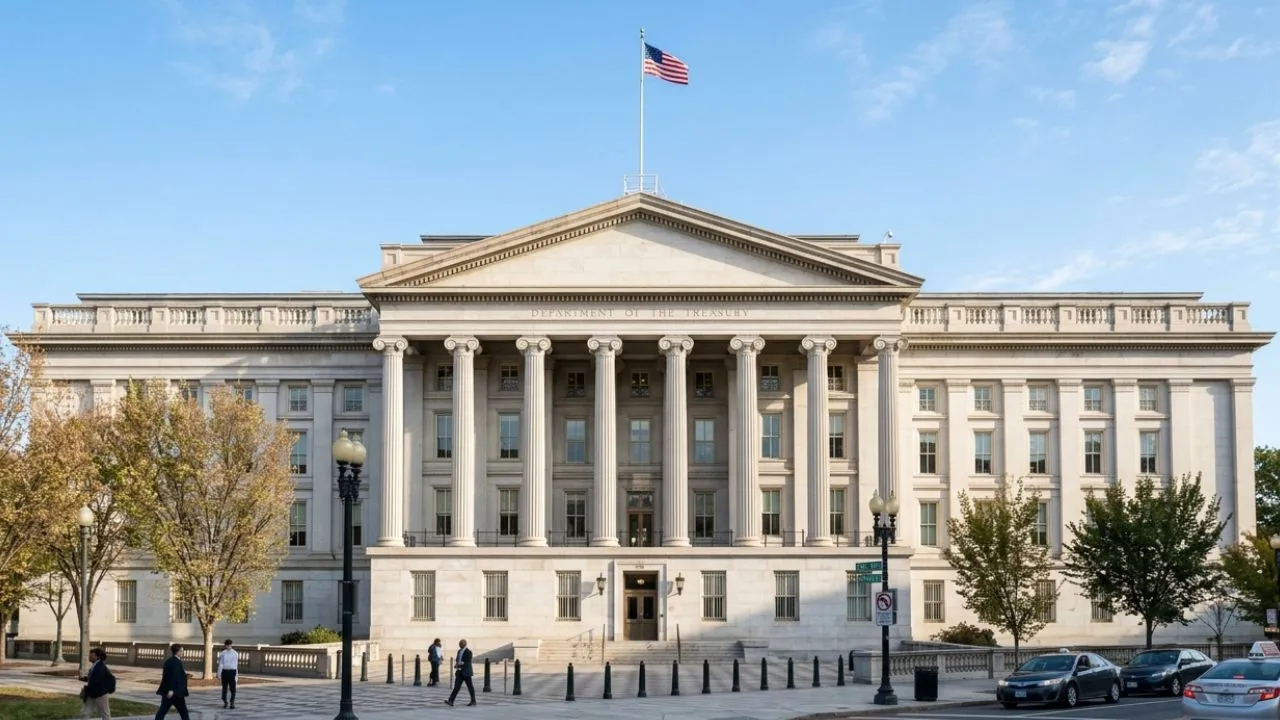 A clean, professional documentary photograph of the U.S. Treasury Department building in morning light, symbolizing where the Daily Treasury Statement is managed.