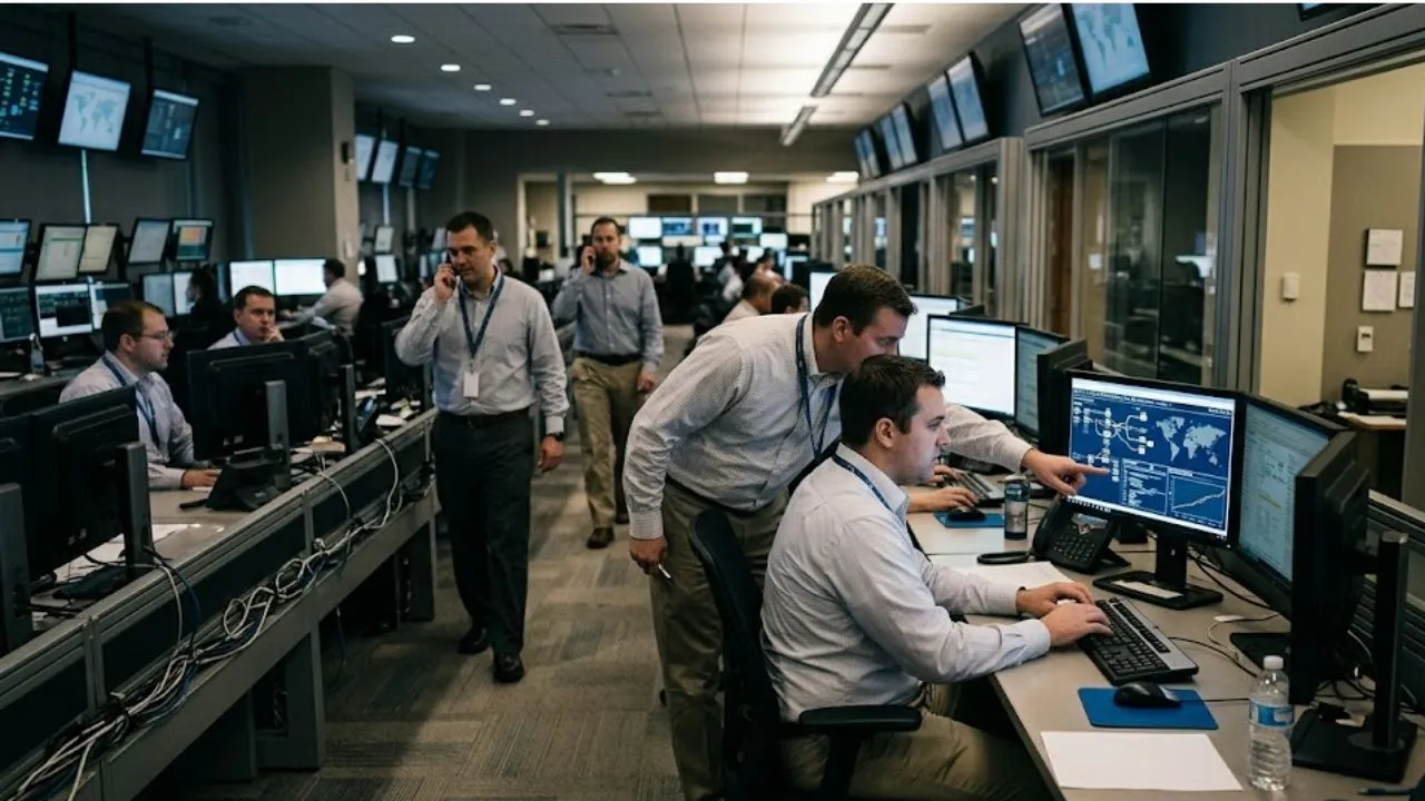 FedACH Federal Reserve payment operations staff monitoring ACH settlement screens in a financial operations center.