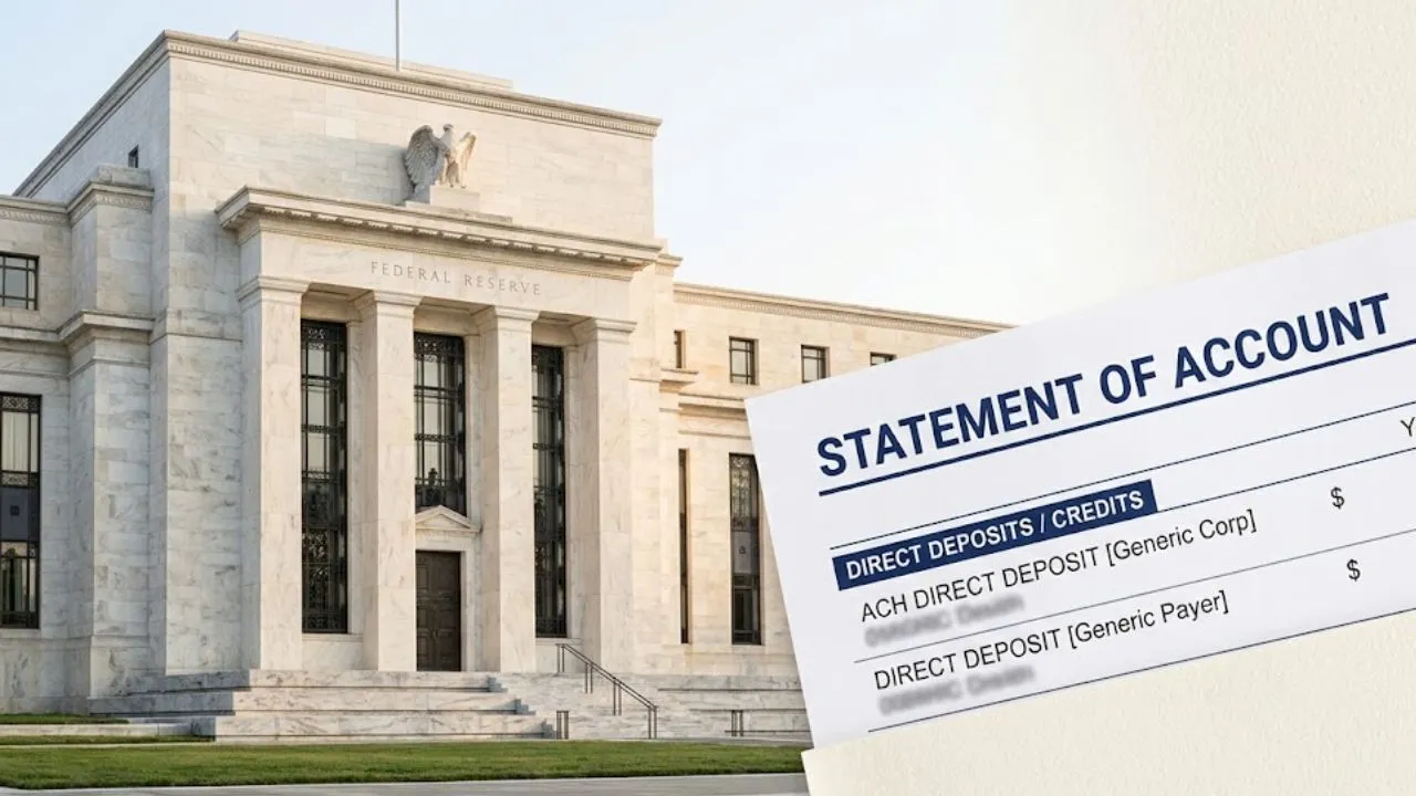 Federal Reserve building exterior with a bank statement showing a direct deposit timing entry reflecting a rate decision period