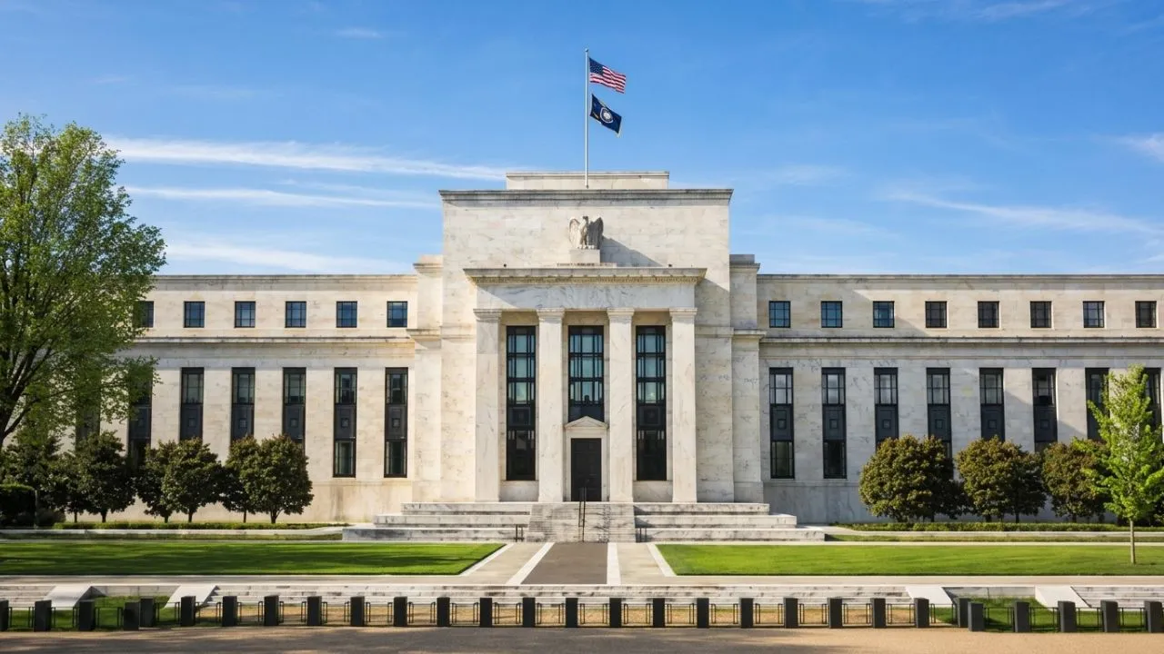 Federal Reserve building in Washington D.C. with the FOMC meeting April 28-29 2026 rate decision one week away with federal funds rate at 3.50 to 3.75 percent