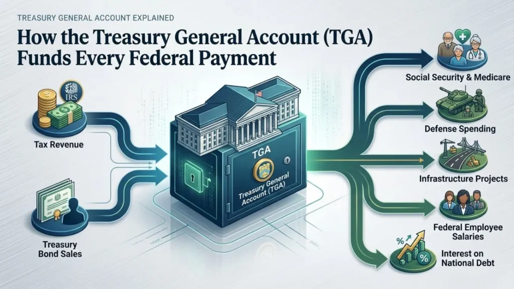 How the Treasury General Account Funds Every Federal Payment 2 A detailed infographic titled "How the Treasury General Account (TGA) Funds Every Federal Payment," showing a large central safe labeled "Treasury General Account (TGA)" at the Federal Reserve Bank of New York. The image uses green arrows on the left for inflows and red arrows on the right for outflows. Inflows include Federal Tax Revenue (IRS), Proceeds from Debt Sales, and Tariffs & Other Receipts. Outflows show Social Security, IRS Tax Refunds, Military Pay, Medicare Disbursements, and Contractor Payments. A fluctuating graph line represents the TGA balance within the safe. The bottom section discusses "Why TGA Stability Matters," mentioning Debt Ceiling Risk and Depletion Risk, with references to the Daily Treasury Statement and Investozora.
