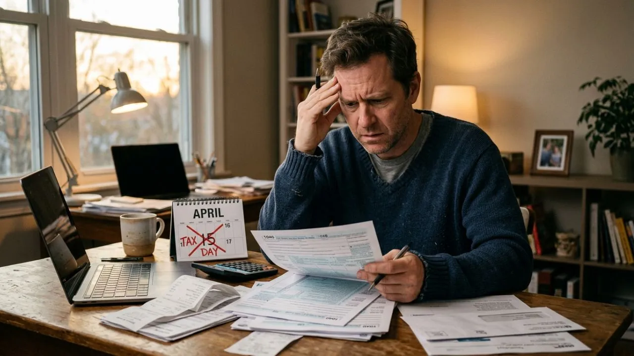 American taxpayer reviewing IRS penalty notice after missing the April 15 2026 filing deadline showing failure to file and failure to pay consequences