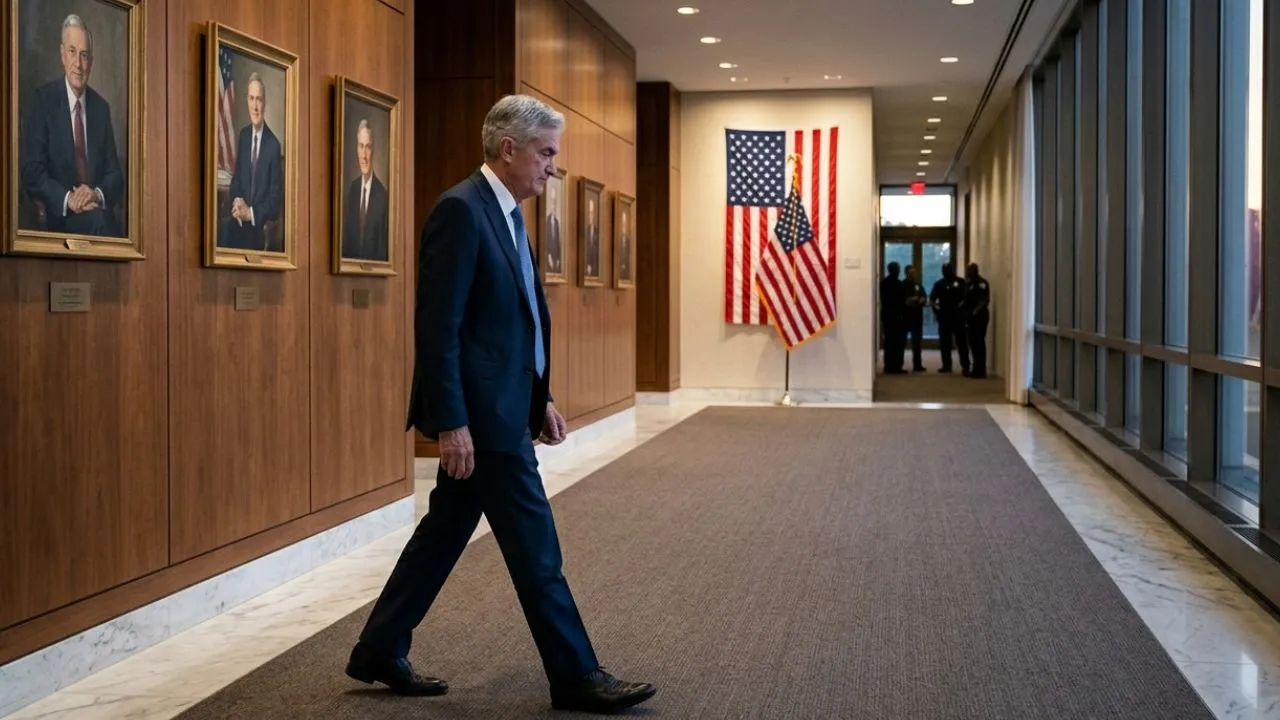 Jerome Powell at the Federal Reserve podium delivering his final rate decision as Fed Chair on April 29 2026 before Kevin Warsh takes over