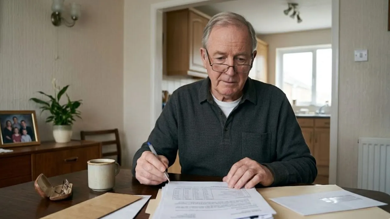 Older American reviewing Social Security and Medicare paperwork at kitchen table, concerned expression, representing the 2027 Social Security COLA Medicare offset impact on dual enrollees