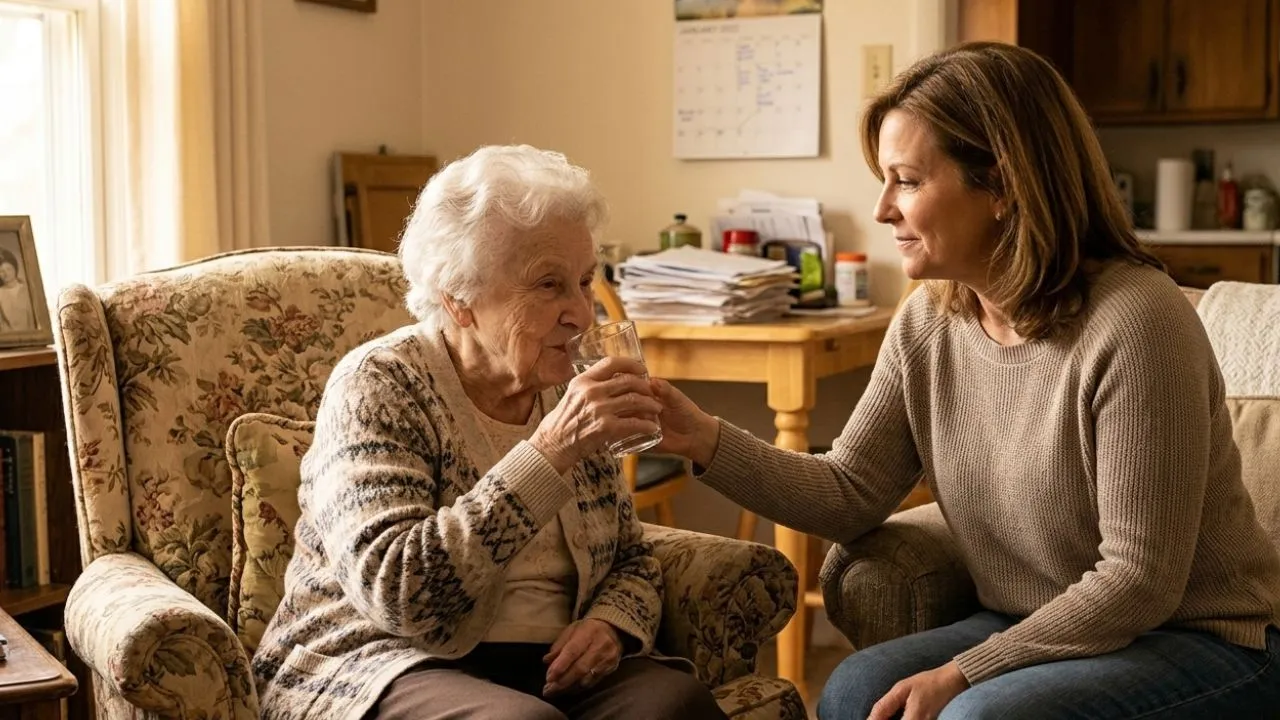Adult daughter caring for elderly mother at home representing the caregiver credit Social Security gap HR 8490 would fix