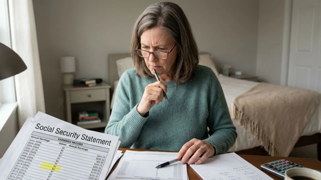 Caregiver Social Security Gap: Unpaid Care Years Showing as $0 on Earnings Record Alt: Woman in her 50s seated at a kitchen table reviewing a printed Social Security Statement with several years marked as zero earnings corresponding to caregiving periods, expression of focused concern, natural window light