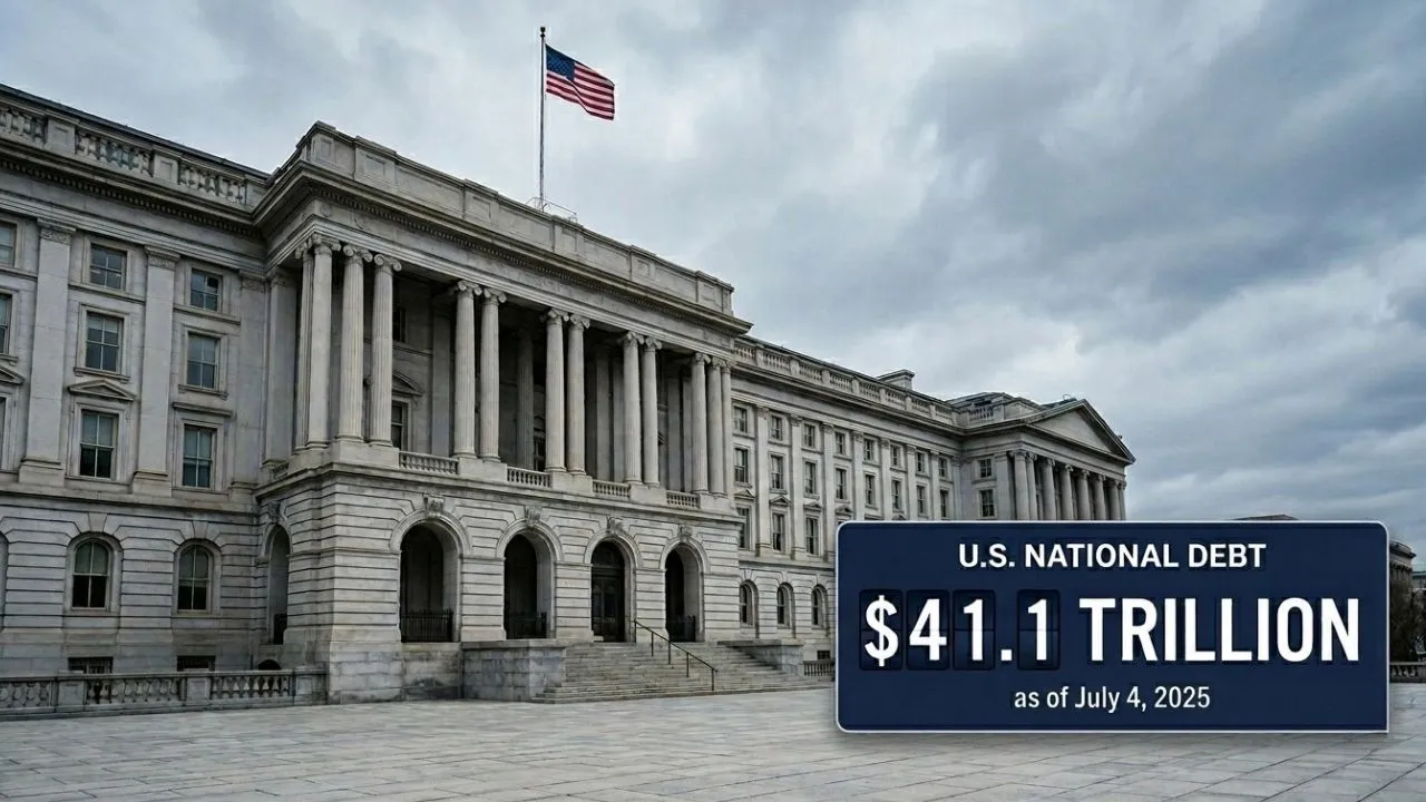 US Treasury building exterior with national debt clock concept representing the $41.1 trillion debt ceiling raised by the OBBBA
