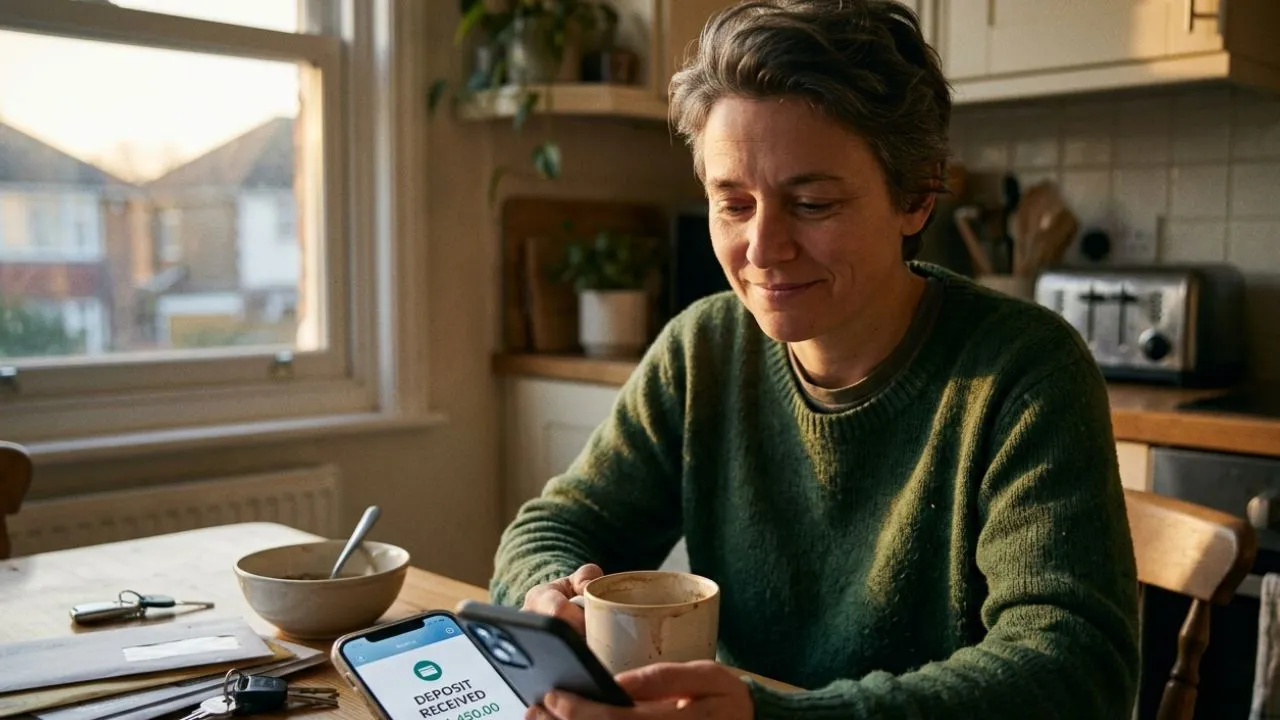 Person checking banking app on smartphone in morning light, waiting for direct deposit to post under the new NACHA direct deposit rule 2026