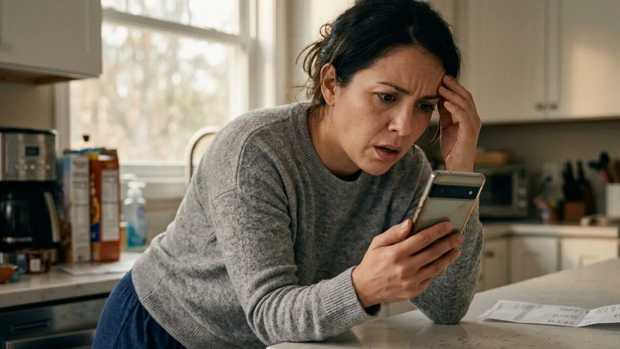 Woman holding phone showing zero bank balance after direct deposit was sent but not posted yet