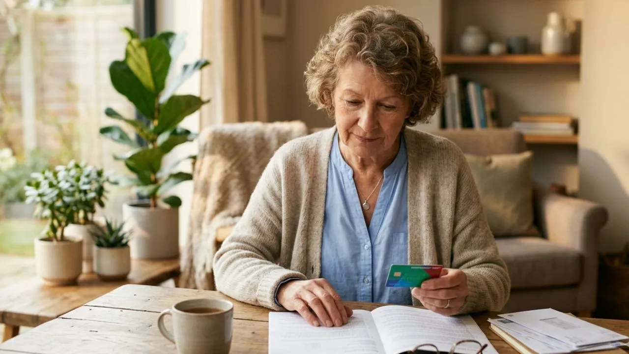 Senior woman reviewing her Direct Express federal benefits debit card transition notice at home