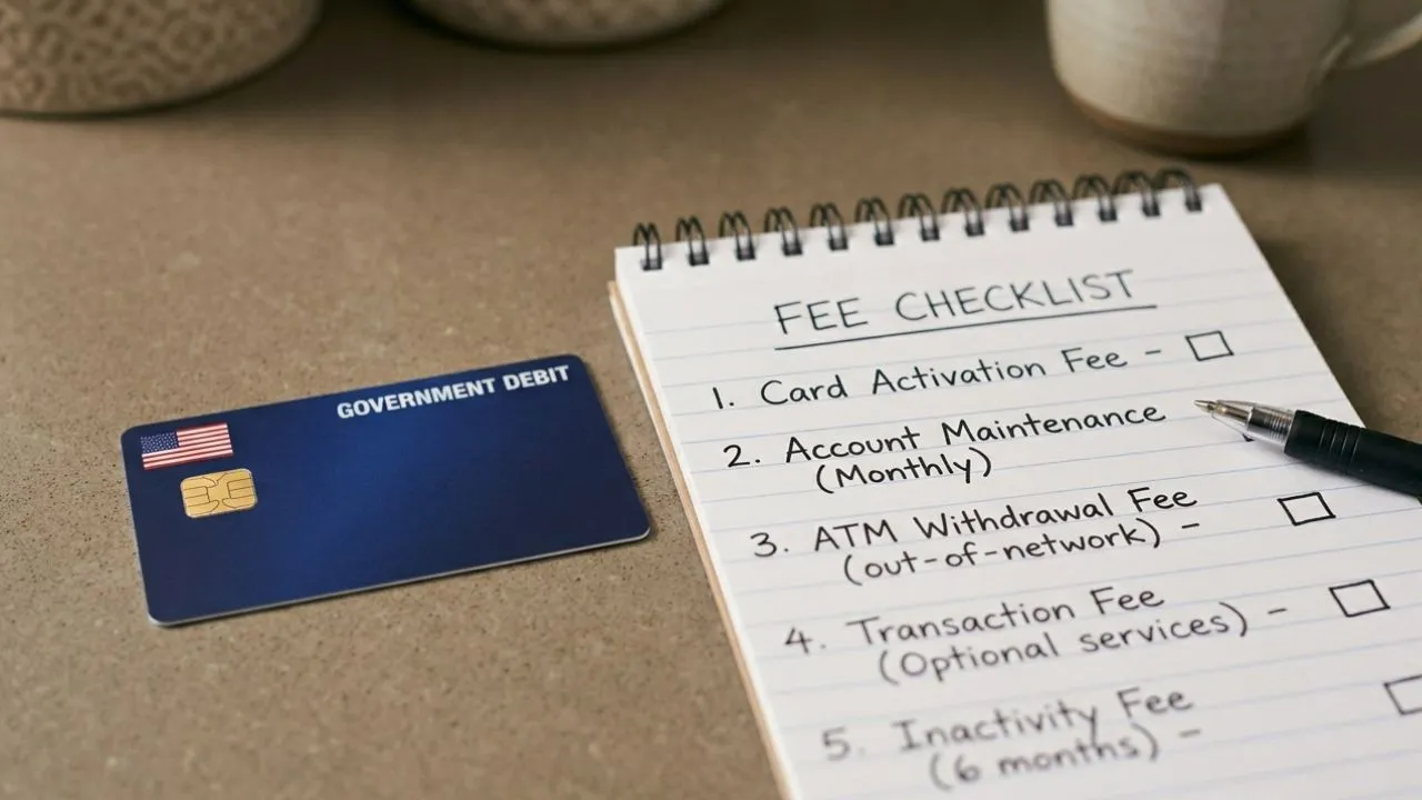 Government Direct Express debit card next to handwritten fee checklist showing charges to avoid
