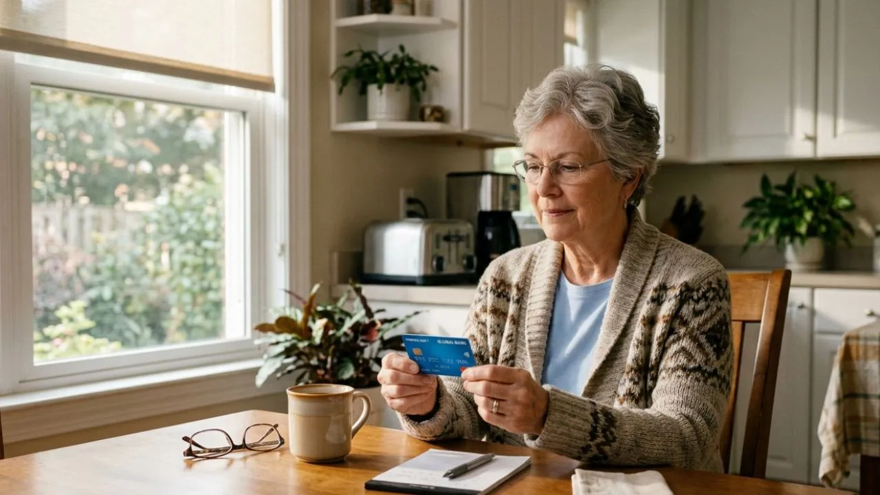 Senior woman holding Direct Express debit card for Social Security payment