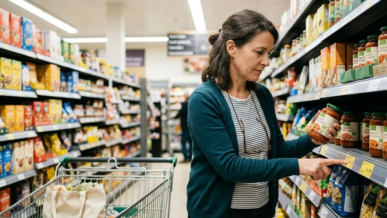 Woman examining grocery store price label as Federal Reserve holds inflation rate at 3.75 percent in 2026