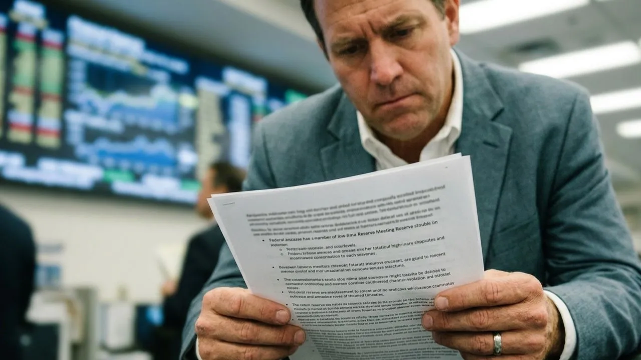Person reviewing Federal Reserve meeting minutes document with financial data screen visible in background