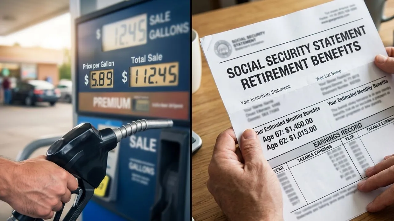 Split image showing a gas pump display reading above $3.57 per gallon on the left and a hand holding a Social Security benefits statement on the right, representing the financial impact of the Hormuz oil disruption on American households