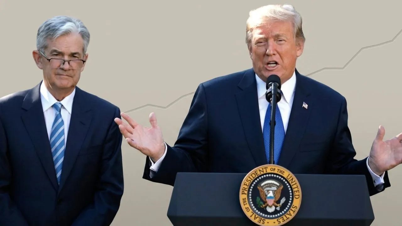 Federal Reserve building Jerome Powell and President Donald Trump with interest rate transmission diagram showing connection to savings accounts and mortgage rates