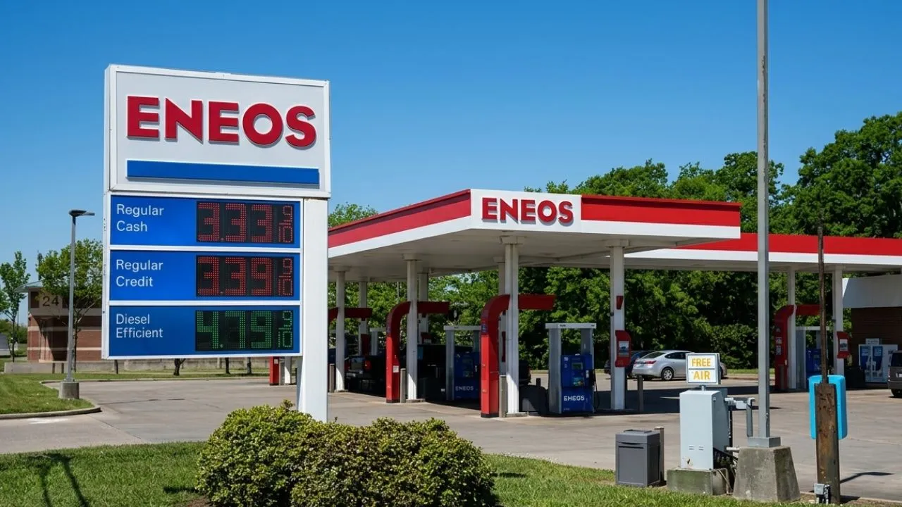 American gas station price sign showing elevated fuel prices with blurred cars in background May 2026 Iran war Hormuz impact