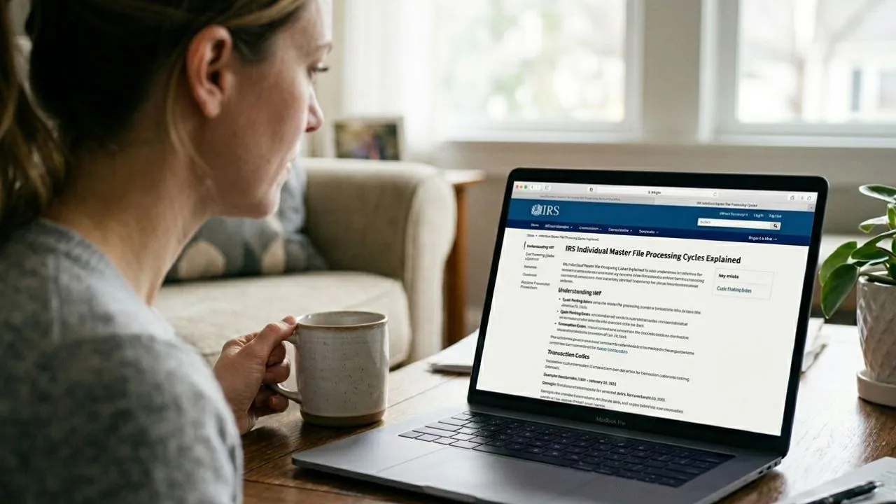 Woman checking IRS Where's My Refund app waiting for Individual Master File processing cycle update