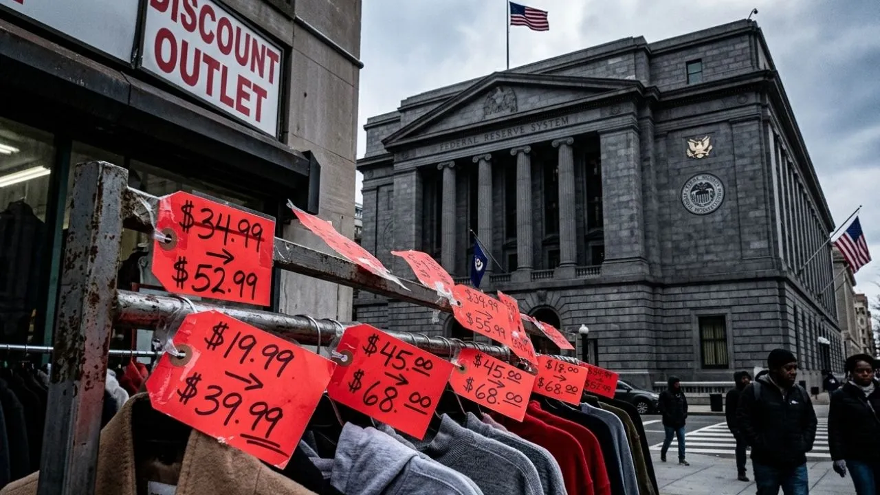 Split image showing grocery price tags on the left and the Federal Reserve building exterior on the right