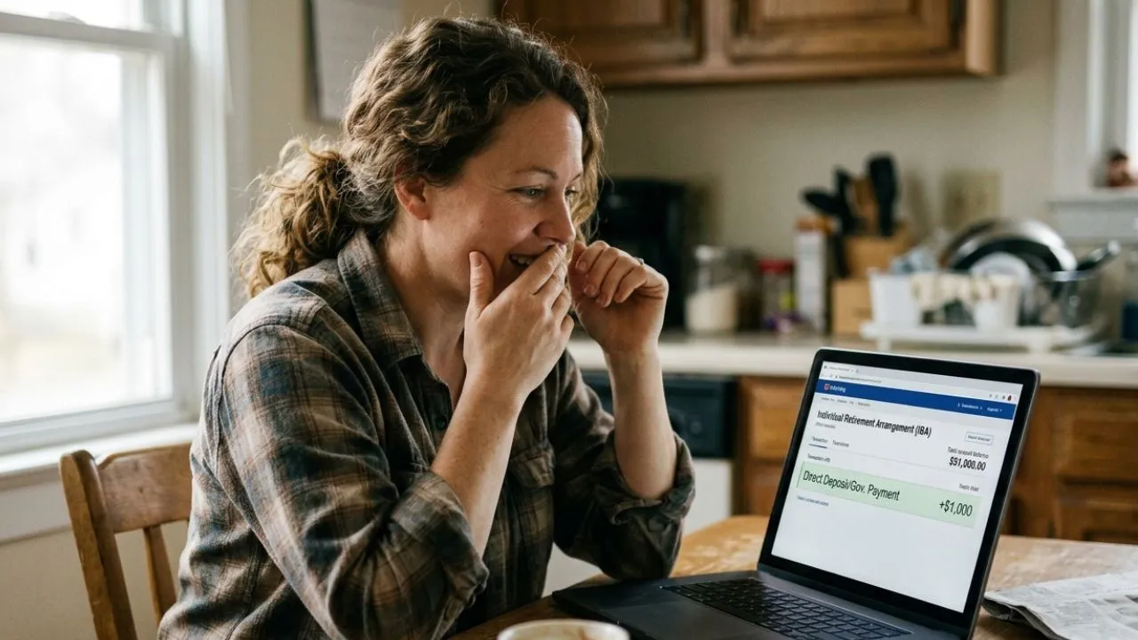 Person in their mid-30s sitting at a kitchen table reviewing an IRA account balance on a laptop showing a plus $1,000 government deposit transaction, natural morning light