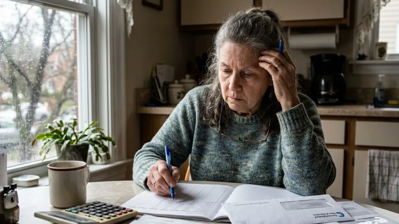 Older American reviewing monthly Social Security benefit statement at kitchen table as CBO projects 28 percent benefit cut of 582 dollars per month starting 2032