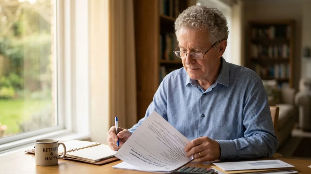 Retired man reviewing Social Security benefit statement calculating 2032 projected reduction