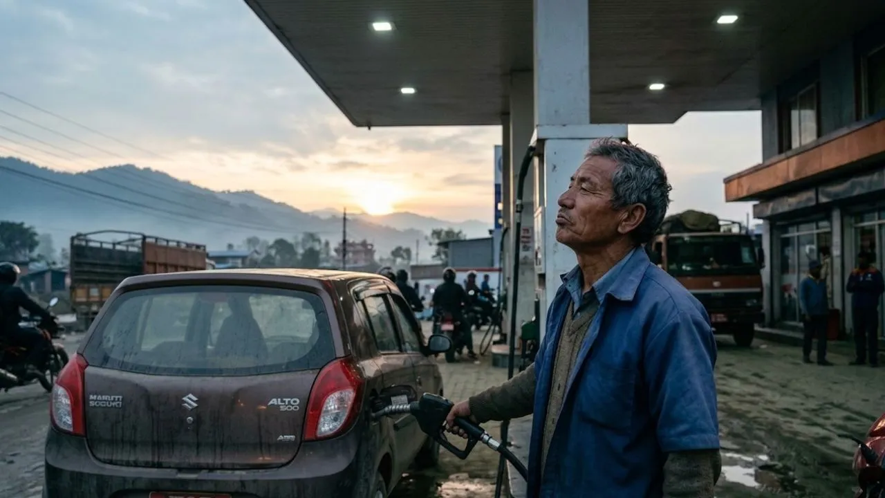 Older man in late 60s filling car at gas station looking at elevated price display with expression of weary resignation in morning light