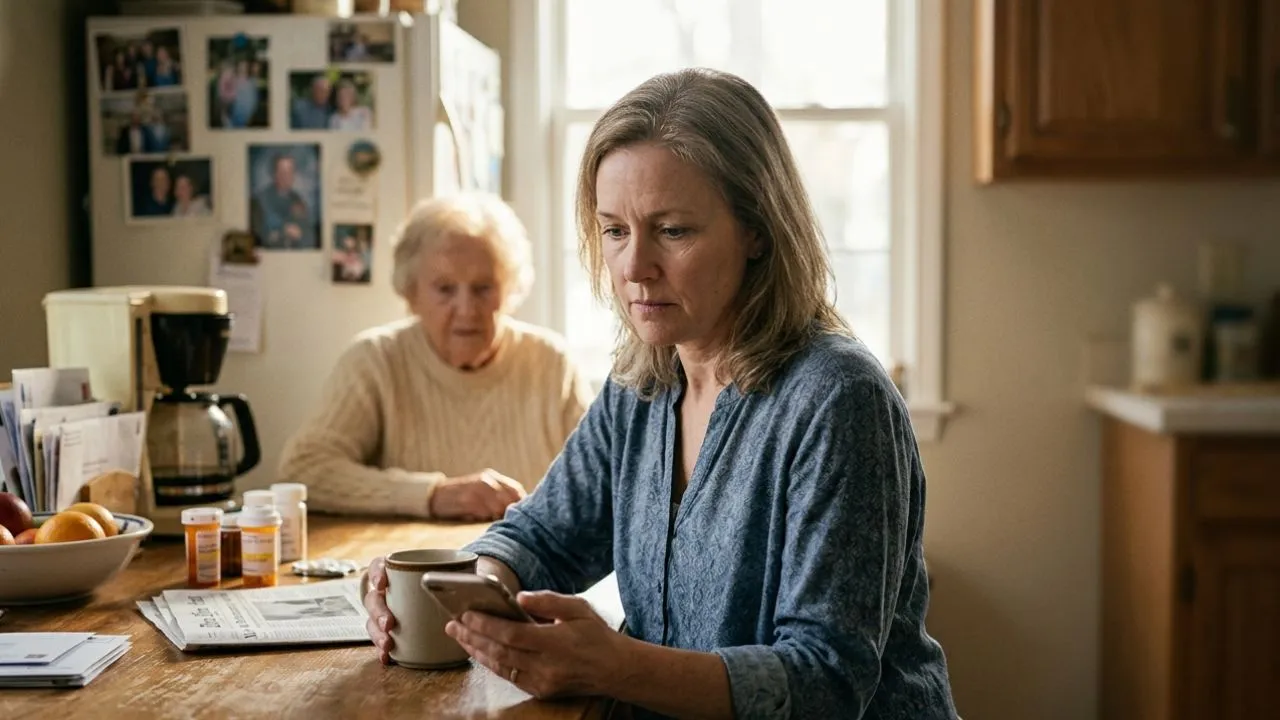 Woman caregiver checking phone concerned about Social Security caregiver credit loss under HR 8490