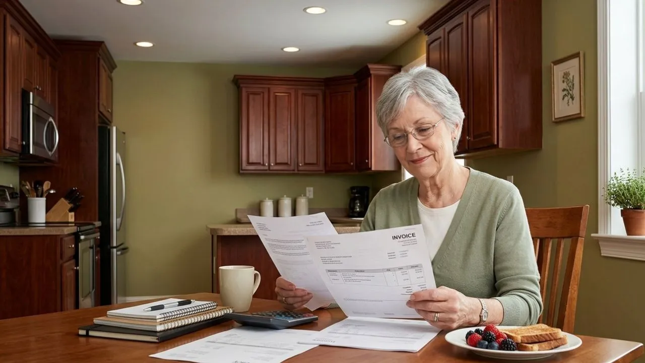 Retired teacher reviewing Social Security Fairness Act payment paperwork at kitchen table