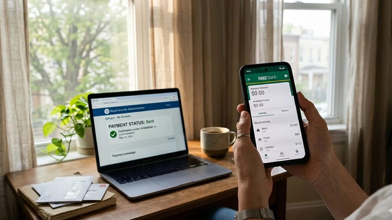 Person checking banking app showing zero balance while SSA portal shows payment sent