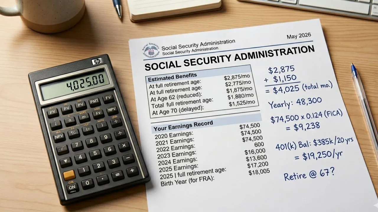 Financial calculator and Social Security statement showing PIA benefit calculation work for 2026