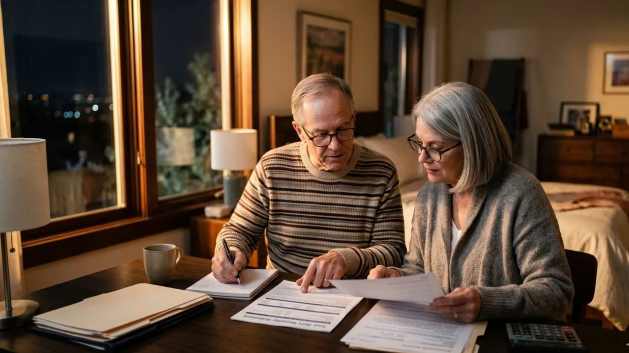 Retired couple reviewing Social Security financial documents related to 2032 OASI trust fund exhaustion and CBO benefit reduction projections