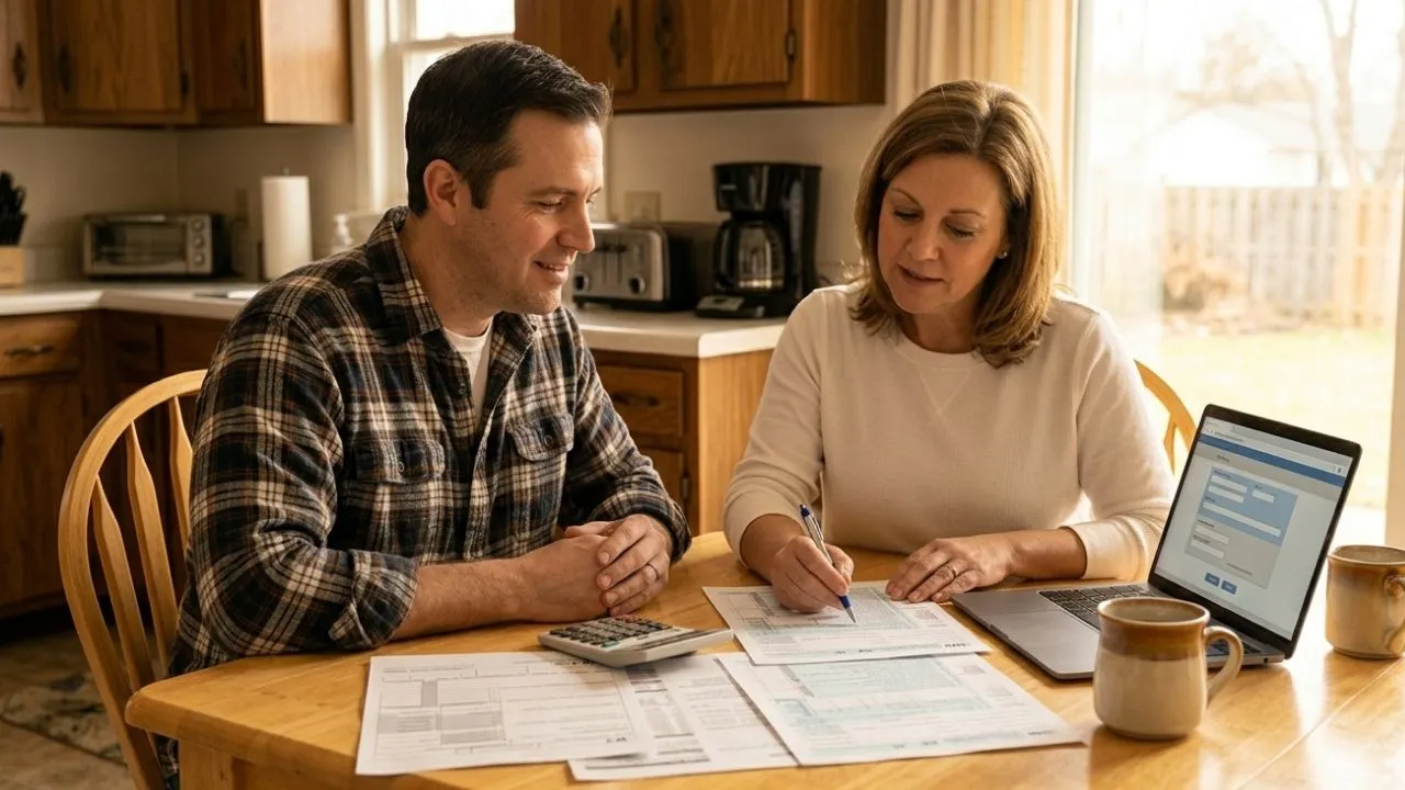 American family reviewing tax documents at kitchen table with IRS standard deduction 2026 figures visible