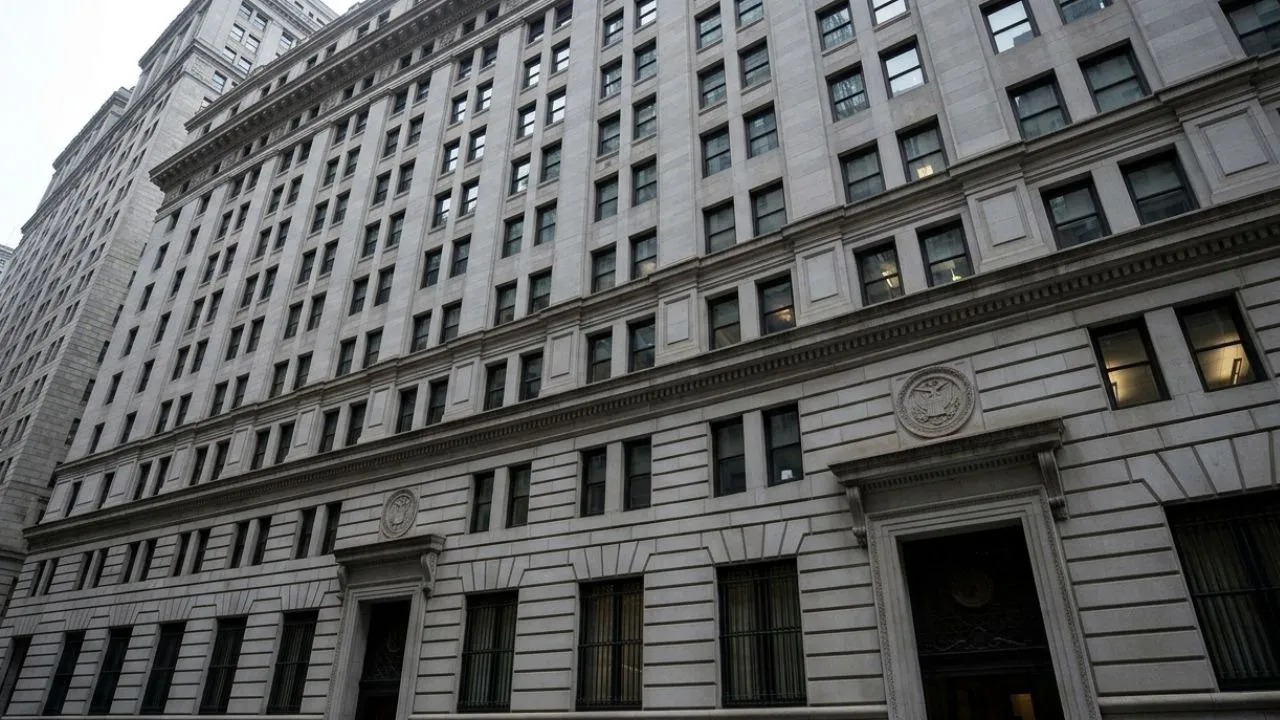 Exterior of the Federal Reserve Bank of New York building where the Treasury General Account is held, representing the institutional foundation of U.S. federal payment disbursement