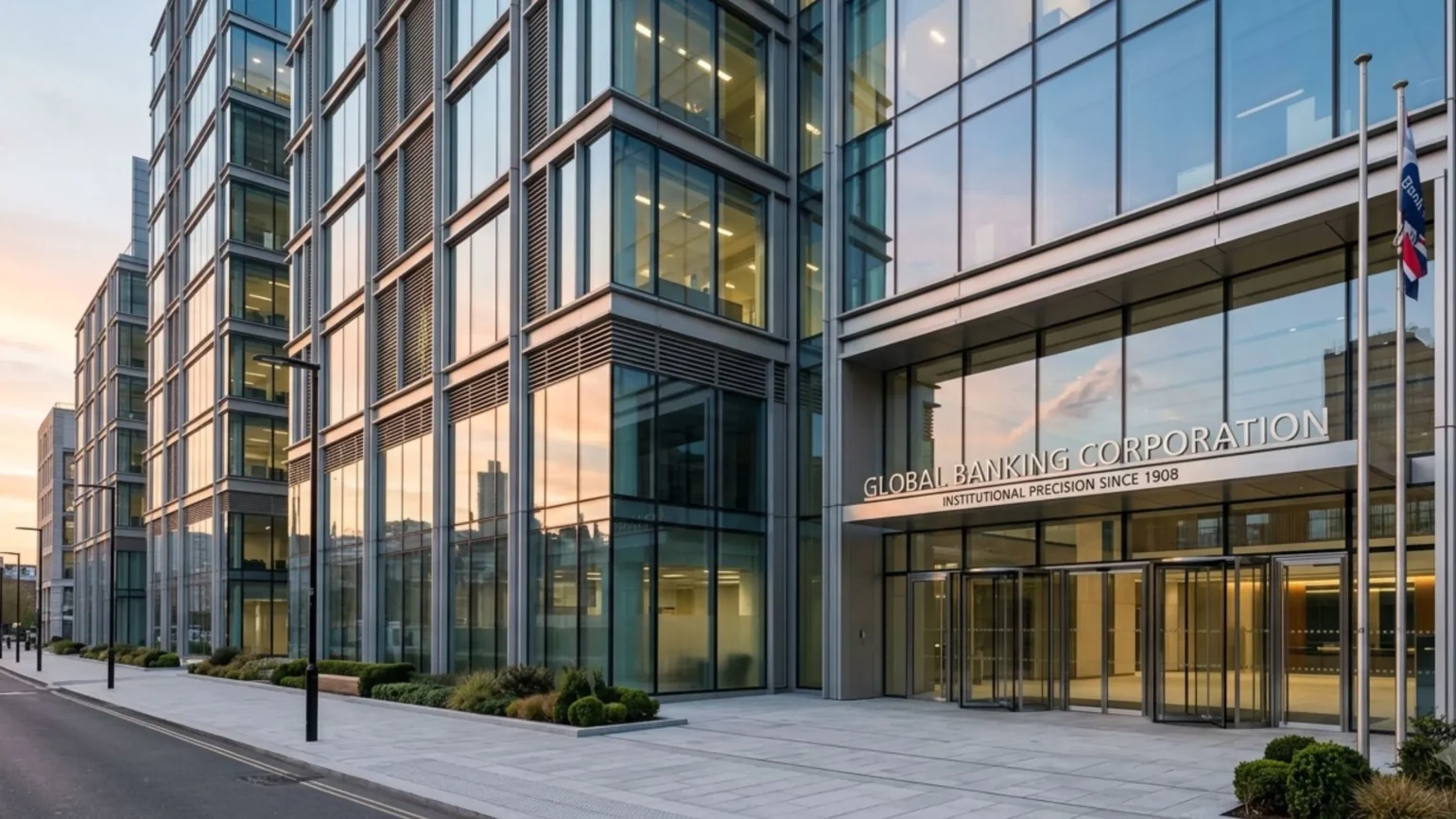 Bank building facade at dawn representing the morning ACH settlement window when federal direct deposits post