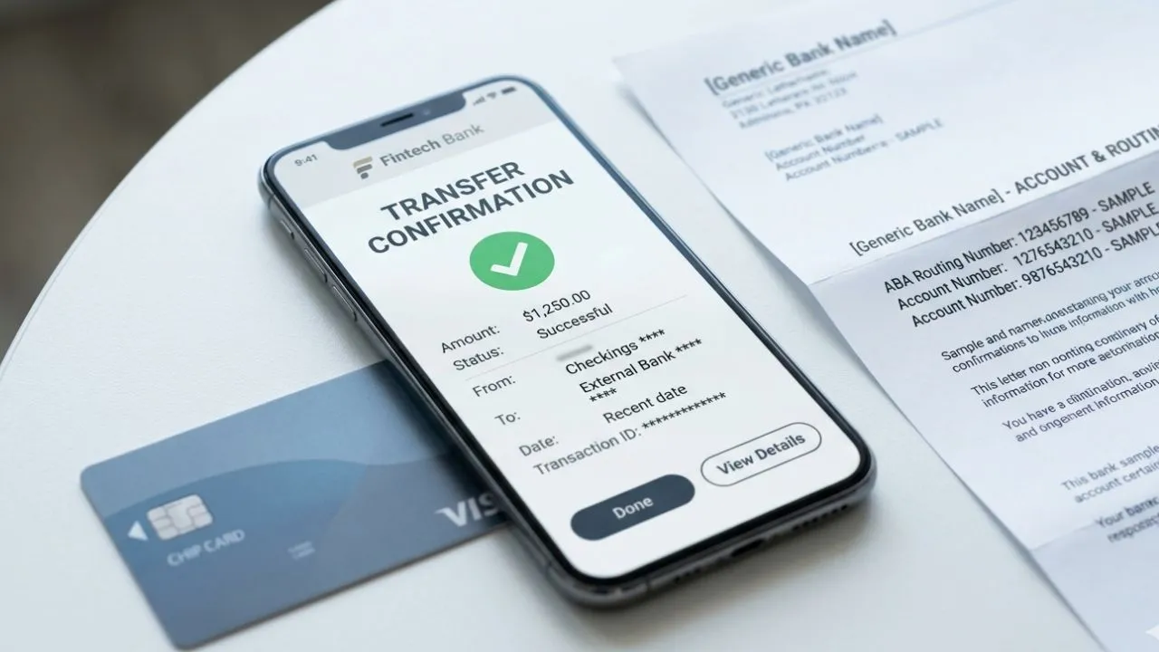 A smartphone showing a bank transfer screen next to a debit card representing ACH wire Zelle and FedNow payment rail comparison