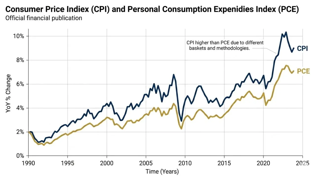 CPI versus PCE inflation comparison chart showing why the Federal Reserve uses Personal Consumption Expenditures as its official 2 percent monetary policy target rather than the Consumer Price Index