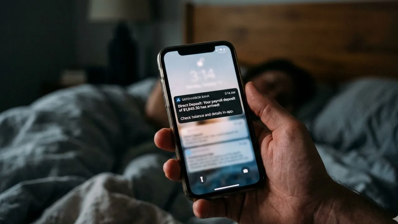 Person checking direct deposit time on banking app at 3 AM showing confirmed payment arrival