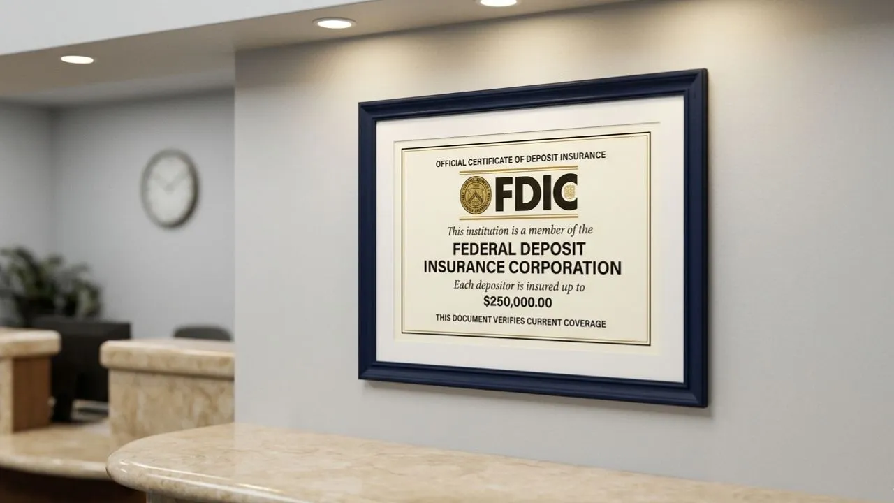 Official FDIC deposit insurance certificate in navy frame mounted on grey wall inside bank branch showing federal deposit guarantee